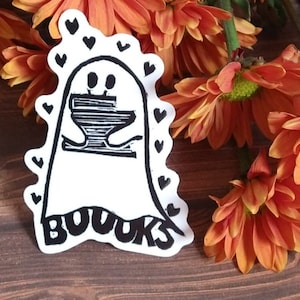 cute bookish ghost, book lover sticker, gift for her, book club, teacher, linocut vinyl sticker, waterproof, Halloween, kindle sticker