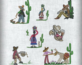 Mexican Cowboy Embroidery Design Set - 7 Individual Characters - Instant Download
