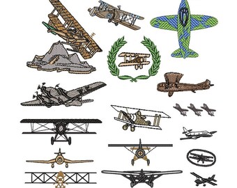 Vintage Airplane Embroidery Design Set - 16 Patterns Included
