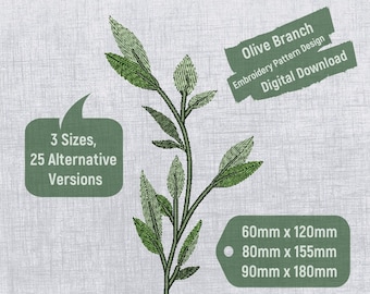 Olive Branch Embroidery Design - Multi-Size Pattern File, 25 Styles