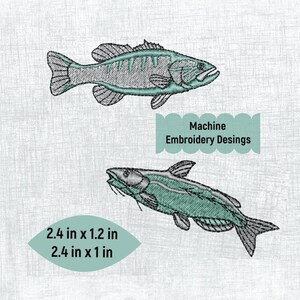 May include: Two machine embroidery designs of fish. The top fish is a bass with a light blue and gray color scheme. The bottom fish is a catfish with a light blue and gray color scheme. The designs are 2.4 inches by 1.2 inches and 2.4 inches by 1 inch.