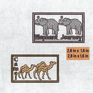 May include: Two embroidered patches, one with two grey elephants and the text "Elephant Journey", and the other with two brown camels and the text "Camel". Both patches are 2.8 inches by 1.6 inches.