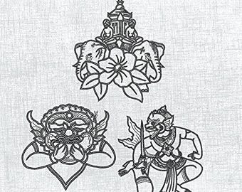 Hanuman Machine Embroidery Design Set - Instant Download, Set of 3 Designs