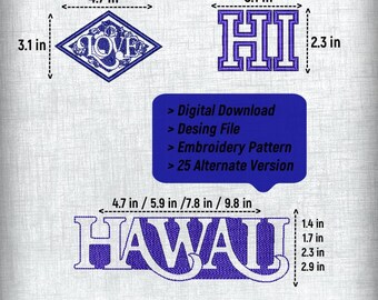 Hawai Embroidery Pattern Design File - Set of 3 Patterns in 4 Sizes, 25 Alternative Options