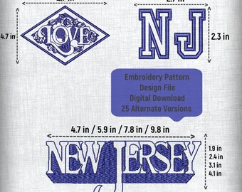 New Jersey Embroidery Pattern Design File - Set of 3 Patterns and 4 Sizes - Instant Download