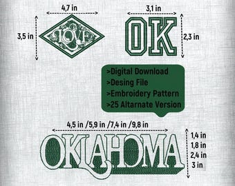 OKLAHOMA,  Embroidery Pattern Design File, 3 Patterns and 4 Sizes, 25 Alternative