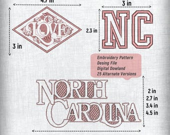 North Carolina Embroidery Pattern Design File Set - 3 Patterns, 4 Sizes, 25 Alternatives