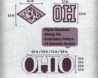 Ohio Embroidery Pattern Design File - 3 Patterns, 4 Sizes, 25 Alternatives