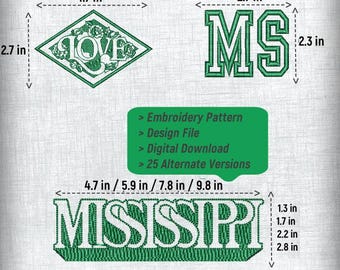 Mississippi State Embroidery Pattern Design File - 3 Patterns, 4 Sizes, 25 Alternative Options