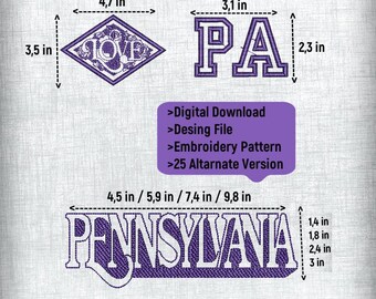 PENNSYLVANIA,  Embroidery Pattern Design File, 3 Patterns and 4 Sizes, 25 Alternative