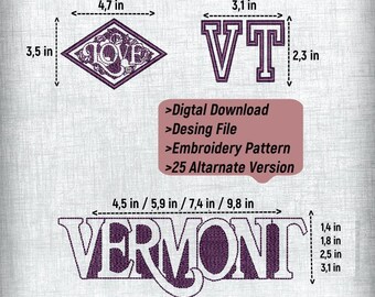 Vermont Embroidery Pattern Design File Set - 3 Patterns, 4 Sizes, 25 Alternatives