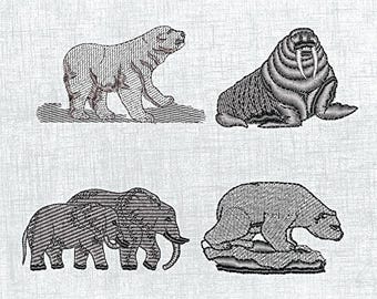 Elephant, polar bear, walrus - Embroidery Design - digital file - 4 different designs