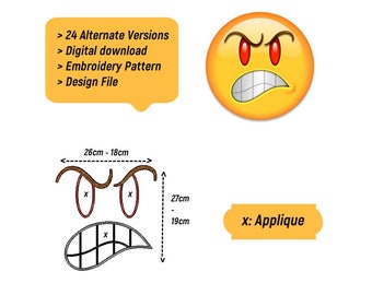 Emoji Pillow Case Embroidery Set - Angry Face Applique Pattern - 2 Sizes Included