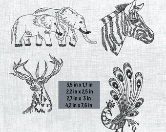 Nature-Inspired Embroidery Patterns - Elephant, Deer, Zebra, Peacock - 4x4 Hoop Size