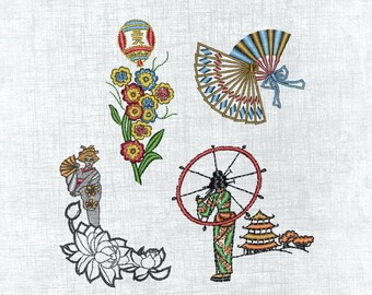 Delicate Geisha Inspired Embroidery Designs - Set of 4 Patterns, Instant Download