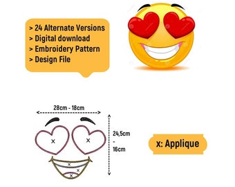 Emoji Pillow Case Embroidery Set - Heart Eye Face Applique - 2 Size Options