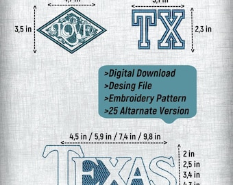 Texas Embroidery Pattern Design File - Set of 3 Patterns in 4 Sizes, 25 Alternative Options