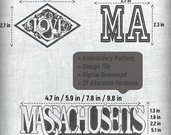 Massachusetts Embroidery Pattern Design File Set - 3 Patterns, 4 Sizes, 25 Alternatives