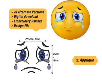 Emoji Applique Pattern Pillow Case Duo - Crying Face Design - Embroidery Included