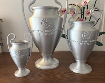 Réplica 3D de la Copa de la UEFA de la Liga de Campeones en plata, trofeo de fútbol, plata -