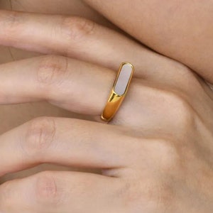 18k Gold Mother of Pearl Bar Ring: Tarnish Free Dainty Signet