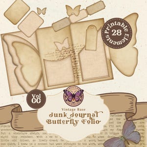 May include: A vintage-style junk journal kit with butterfly and folio elements. The kit includes paper cutouts, tags, and butterfly shapes in shades of beige and brown. The text on the image reads "Printable Elements 28" and "Junk Journal Butterfly Folio".