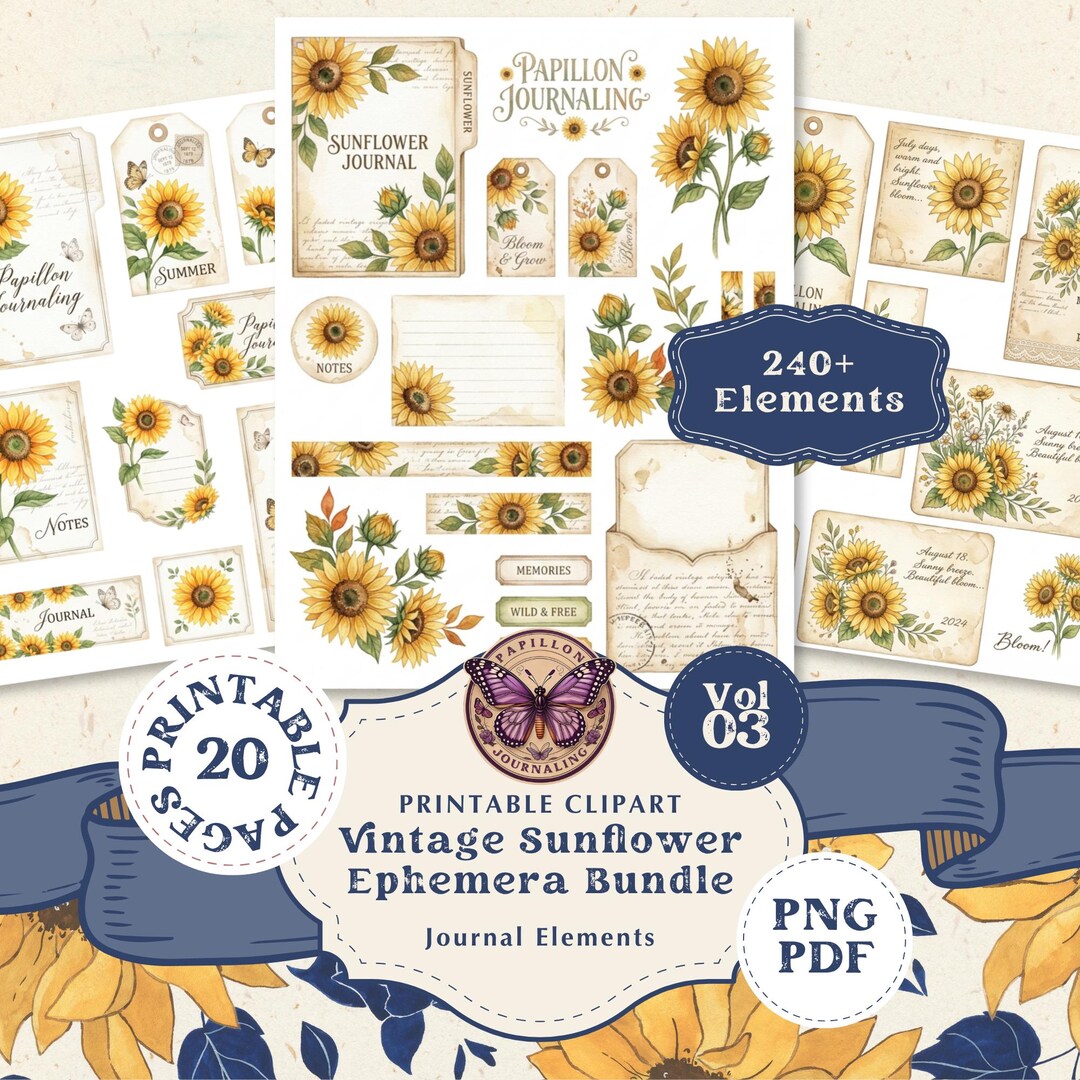 Vintage Sunflower Junk Journal Bundle | Printable Ephemera ...