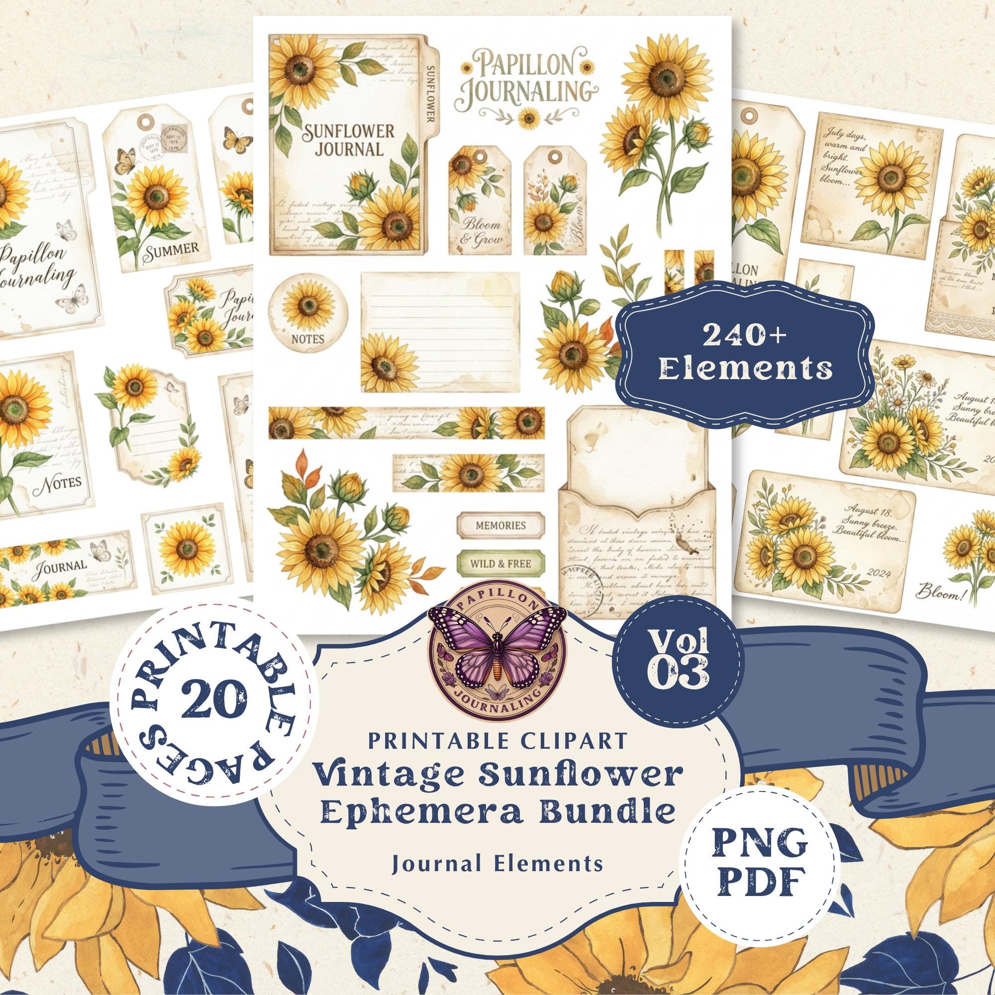Vintage Sunflower Junk Journal Bundle | Printable Ephemera ...