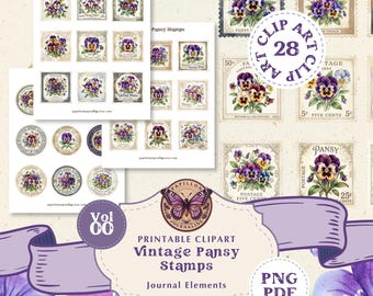 Vintage Pansy Stamps Clipart | Sticker Sheets | Journaling (PNG, PDF Digital Download)