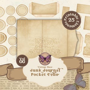 May include: A vintage-themed digital kit with printable elements for junk journaling. Includes a pocket folio, paper ephemera, and decorative circles. The kit features a butterfly logo and the text "Junk Journal Pocket Folio".