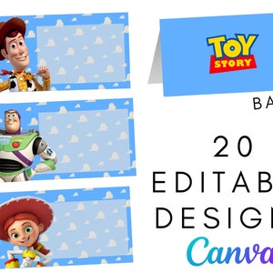 TOY STORY Verjaardagsdecoratie Plaatskaarten en voedseletiketten, Toy Story-feestdecoraties, gunsten, digitale en afdrukbare tentkaart, blanco