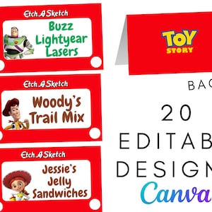 TOY STORY Geburtstagsdekoration Tischkarten & Lebensmitteletiketten, Toy Story Partydekoration, Gastgeschenke, digitale und druckbare Zeltkarte, vorgeschrieben