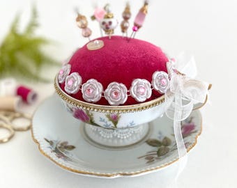 Upcycled Teacup Pincushion: Vintage Sewing Room Decor with Rose Embellishments