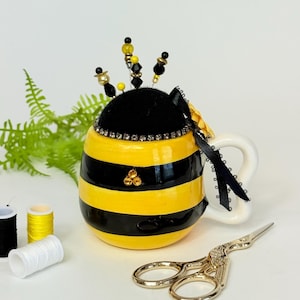 Handmade Bee Pincushion: Upcycled Mug with Beaded Pins & Preciosa Crystals