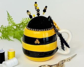 Handmade Bee Pincushion: Upcycled Mug with Beaded Pins & Preciosa Crystals