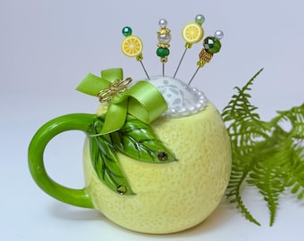 Lemon Pincushion: Upcycled Mug, Beaded Pins, Handmade Sewing Gift