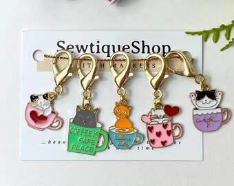 Teacup Kitty Stitch Marker Set, Crochet Knitting Accessories, Cat Lover Gift