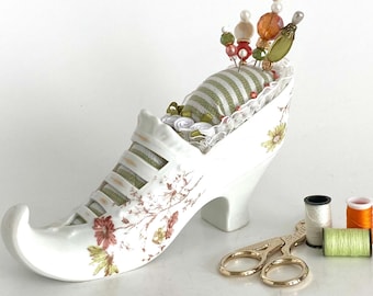 Ceramic Shoe Pin Cushion, Handmade Pincushion, Unique Sewing Gift, Novelty Quilting Accessory