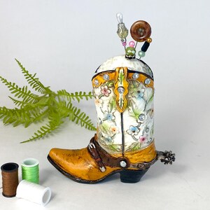 Cowgirl Boot Pincushion – Whimsical Repurposed Sewing Gift for Quilters, Western Craft Room Decor