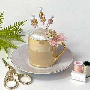 Upcycled Vintage Teacup Pincushion – Neutral Mini Pincushion for Sewing, Quilting, and Craft Room Decor