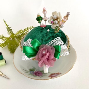 Handmade Emerald Velvet Teacup Pin Cushion: Upcycled Vintage Japanese Ceramic