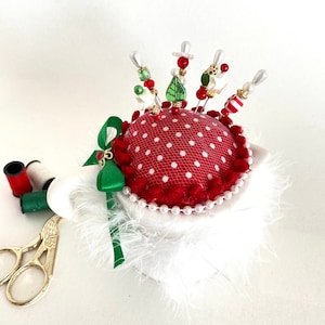 Handmade Christmas Pin Cushion, Upcycled Ceramic Mini Pitcher, Needle Holder, Seamstress Gift, Sewing Room Decor, Sewing Notion, Pin Keeper