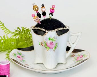 Handmade Teacup Pincushion – Upcycled Demitasse Porcelain, Floral Sewing Gift for Quilters, Crafters & Collectors