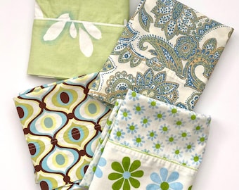 Vintage Green Pillowcase Lot – Retro Floral & Paisley Prints, Quilting Material, Fabric for Pillowcase Dresses