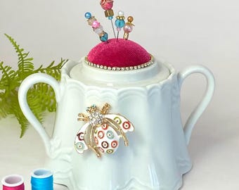 Upcycled Pincushion: Velvet Pink Sewing Decor with Bug Brooch