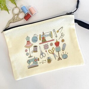 Large Sewing Themed Zippered Pouch, Cosmetic Bag, Sewing Notion Storage