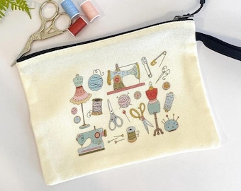 Large Sewing Themed Zippered Pouch, Cosmetic Bag, Sewing Notion Storage