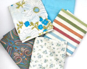 Vintage Blue Printed Pillowcases: Retro Quilting Material, Set of 5