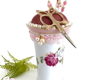 Shabby Chic Pin Cushion: Upcycled Rose Vase, Vintage Sewing Decor