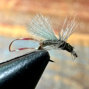 May include: A close-up of a fly fishing lure with a gray and white body, a pink and clear wing, and a brown and gold head.